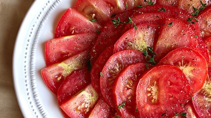 Poster - Vibrant Red Tomato Slices Beautifully Arranged on a White Plate Create a Minimalist Culinary Delight