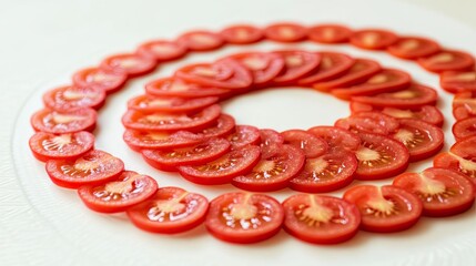 Poster - Neatly Arranged Tomato Slices Create a Vibrant Circle on a Simple White Plate