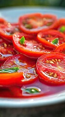 Poster - Vibrant Tomato Slices Artistically Arranged on a Plain White Plate for a Fresh Culinary Presentation