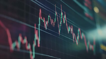 Poster - Red and green candlestick chart showing cryptocurrency investment volatility going up and down on a black monitor with a blurred background