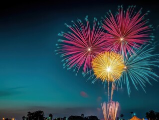 Aufkleber - Spectacular Fireworks Display Illuminating the Night Sky with Vibrant Colors and Patterns Creating a Joyous Atmosphere for Celebratory Events