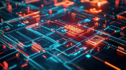 Leinwandbilder - Vibrant Computer Circuit Board Illuminated by Striking Red and Blue Lights Showcasing Advanced Technology and Modern Digital Aesthetics in Action