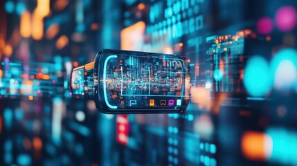 Leinwandbilder - Futuristic Smartphone Displaying Innovative Interface with Dynamic Graphics and User Interaction in a High-Tech Modern Environment