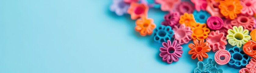 Poster - Vibrant Colorful Paper Flowers Arranged Artistically on a Bright Blue Background Creating a Cheerful and Playful Atmosphere for Any Occasion