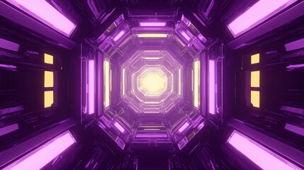 Poster - Abstract purple and yellow neon lights in a futuristic tunnel.