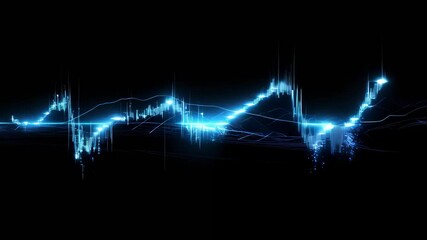 Poster - Glowing blue candlestick chart fluctuating against a black background captures the essence of investment dynamics and market trends in the financial realm. Illustrating trading activity and analysis