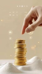 Poster - Hand adds a golden coin to a growing stack of coins, symbolizing investment, savings, and financial growth in a digital age, with a futuristic interface displaying financial data and information