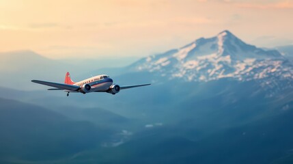Aufkleber - Aerial View of Airplane Soaring Above Majestic Mountain Range Surrounded by Lush Greenery and Clear Blue Sky Evoking Freedom and Adventure Spirit