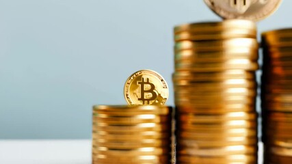 Poster - Stacks of gold coins forming an upward trend with a bitcoin on top, representing the rising value of cryptocurrency investments and potential financial growth