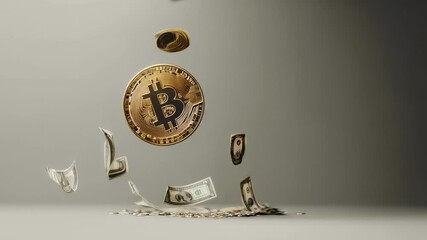 Poster - Bitcoin cryptocurrency coin floating above dollar bills and coins, symbolizing investment opportunities, financial strategies, and the potential for home buying with digital currency