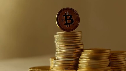 Poster - Bitcoin, the prominent cryptocurrency, hovers above a meticulously arranged stack of coins, symbolizing investment, finance, and the growing influence of digital currencies in modern economies