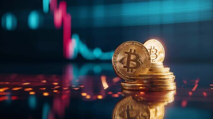 Aufkleber - Stacking gold bitcoin coins on a reflective surface, featuring a blurred stock market chart in the background, illustrating cryptocurrency's investment risks and volatility