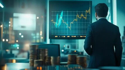 Poster - Stockbroker is looking at increasing cryptocurrency investment financial market growth chart showing increasing profits from trading in the office in the evening