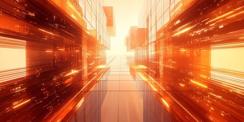 Wall Mural - Orange futuristic city corridor, bright sun, glowing panels, digital background, tech concept