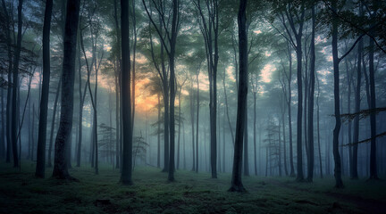  Misty Forest Sunlight Filtering Through Tall Trees at Dawn
