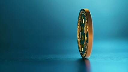 Poster - Golden bitcoin standing on edge on reflective dark blue surface with dramatic lighting representing cryptocurrency investment, finance, and new digital money