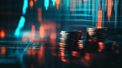 Poster - Stacks of coins are lying on a reflective surface with financial charts in the background, suggesting increasing investments in cryptocurrency or stocks