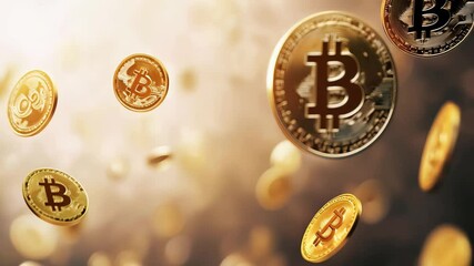 Poster - Golden bitcoin coins rotating in the air on a blurred background representing cryptocurrency investment, blockchain technology, and the future of finance