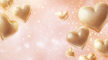 Wall Mural - Golden Hearts Sparkling on Soft Pink Background with Bokeh Effects