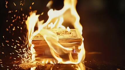 Poster - Stack of dollar bills is burning in flames against a dark background, creating a dramatic visual representation of financial loss, economic crisis, or investment risk