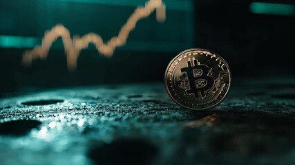 Poster - Bitcoin cryptocurrency coin increasing its market value with a positive trend chart in the background, resting on a dark metallic surface with small drops of water