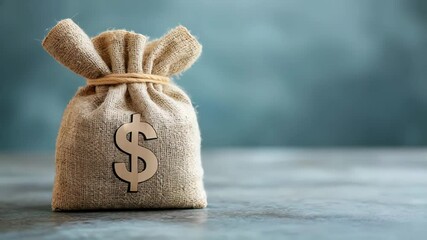 Poster - Displaying a burlap money bag adorned with a dollar sign, resting on a table, representing investment, savings, and financial growth against a softly blurred background