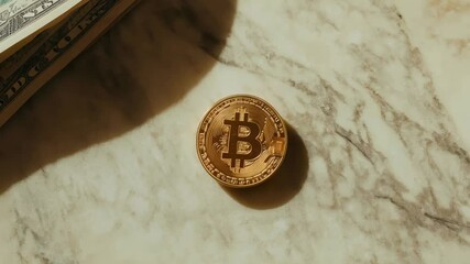 Poster - Golden bitcoin standing on marble table next to dollar banknotes, representing the shift towards digital currencies and the future of finance