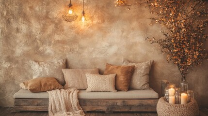 Wall Mural - A cozy, stylish living space featuring warm tones, decorative pillows, a textured blanket, candles, and subtle lighting.