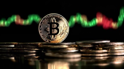Poster - Gold bitcoin standing on pile of various coins with stock market graph showing increasing value, representing cryptocurrency investment and growth in finance