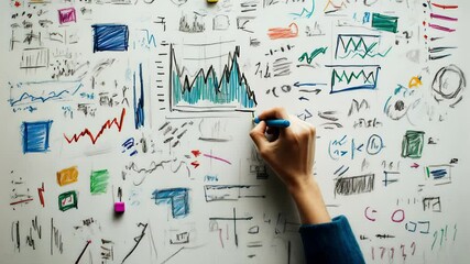 Poster - Businesswoman using a blue marker pen drawing colorful financial charts and graphs on a whiteboard representing investment, finance, mortgage, and home buying
