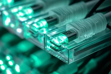 Close-up of illuminated network cables.