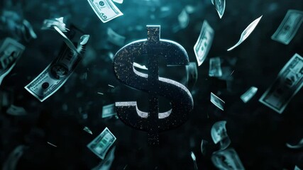 Poster - Floating in a dark, smoky atmosphere, a large, textured dollar sign is surrounded by swirling one hundred dollar bills, illustrating dynamic financial concepts