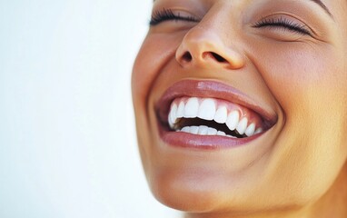 A joyful woman with a radiant smile, laughing naturally, isolated on a pure bright background