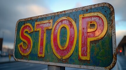 Wall Mural - Rusty, multicolored stop sign.