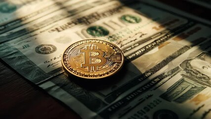 Poster - Gleaming golden bitcoin sits atop a spread of us dollar bills, representing the intersection of traditional finance and cryptocurrency investment in a dimly lit setting