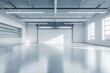 © BerkahStock - Empty modern garage with large roll-up door, shelving, and natural light.