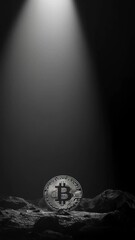 Poster - Silver bitcoin standing on dark terrain, illuminated by a bright spotlight, symbolizes the rise of cryptocurrency as a significant investment in the evolving financial landscape