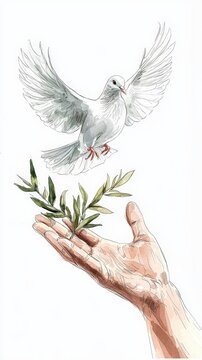 graceful dove carrying an olive branch, illustrated with minimalist lines and a hand gesture, symbol
