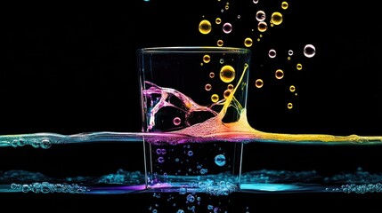 Aufkleber - Colorful liquid splash in a glass with bubbles against a black background creating a dynamic motion
