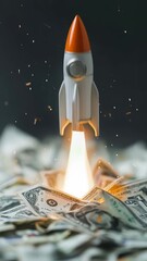 Poster - White and orange toy rocket launching from a pile of dollar banknotes, symbolizing successful investment, financial growth, and the concept of high returns in the stock market