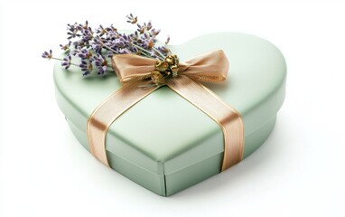 A pastel green heart-shaped gift box tied with a golden ribbon, adorned with lavender flowers on a clean white background for Valentines Day and 8 March