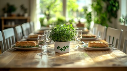 Sticker - A cozy family dinner setting featuring a wooden table with two plates of food, glasses, and a potted plant centerpiece