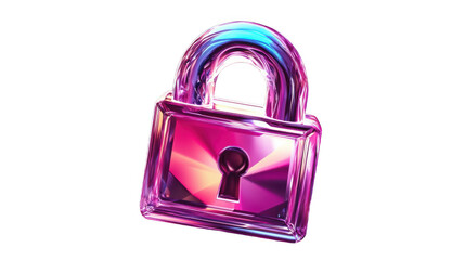 Poster - A vibrant 3D render of a translucent padlock, featuring glowing neon colors and an abstract design, set against a removed background.