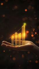 Poster - Businesswoman is holding a growing graph made of golden buildings showing positive financial investment and increasing real estate value on a blurred lights background