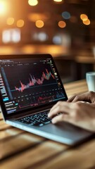 Poster - Businessman is using laptop to analyze cryptocurrency investment while sitting at a table in a cafe, monitoring real time market data and making informed decisions