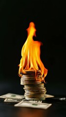 Aufkleber - Stack of coins burning with bright flames on top of us dollar banknotes, symbolizing financial crisis, inflation, economic recession, and investment risk