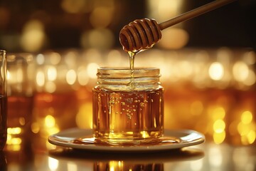 Sticker - A jar of honey with a wooden dipper, dripping honey into the jar, set against a softly blurred background with warm light reflections