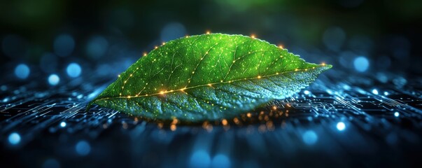 Poster - abstract leaf with digital circuit on glowing background