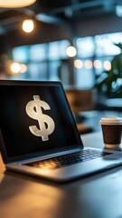 Poster - Open laptop displaying a golden dollar sign on its screen, symbolizing online finance, investment, and wealth management in a modern office setting with a takeaway coffee cup nearby