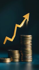 Poster - Stacks of coins rising in height, crowned by a golden upward arrow, representing the journey of investment growth and the achievement of financial success